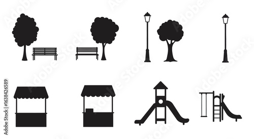 Park Elements Black and White Vector Illustration Silhouette