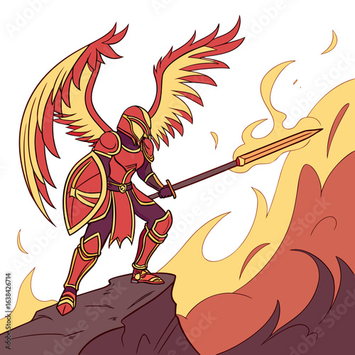 fire guardian with flaming armor in shades of crimson and orange, phoenix wings ablaze