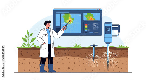 Agronomist analyzing soil health data displayed on a screen with root analysis