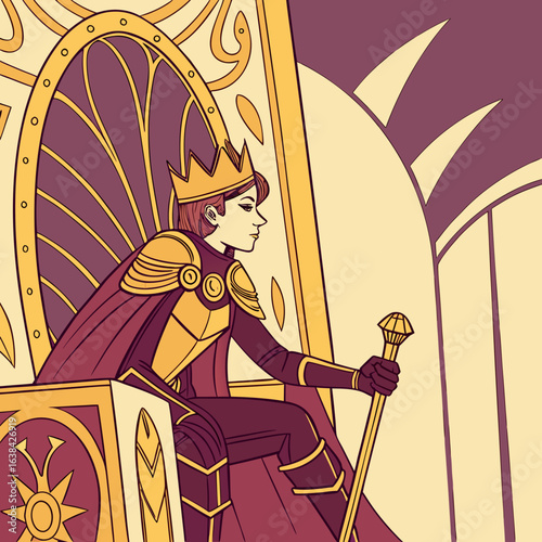  powerful guardian queen with golden crown and ornate royal armor, color palette of royal purples