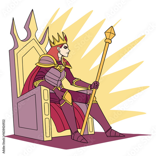 powerful guardian queen with golden crown and ornate royal armor, color palette of royal purple
