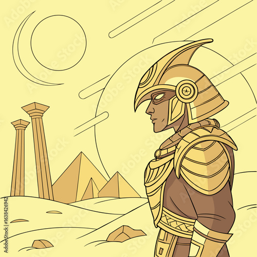 esert guardian dressed in golden and sandy bronze armor, eyes glowing