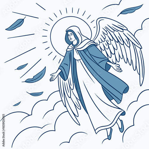  sky guardian flying above the clouds, with flowing blue and white robes, wings made of wind and lights
