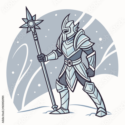 An ice guardian in shining silver and icy blue crystal armor, holding