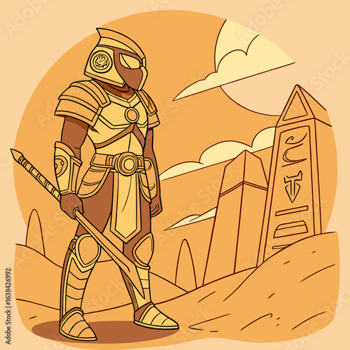 desert guardian dressed in golden and sandy bronze armor, eyes glowings