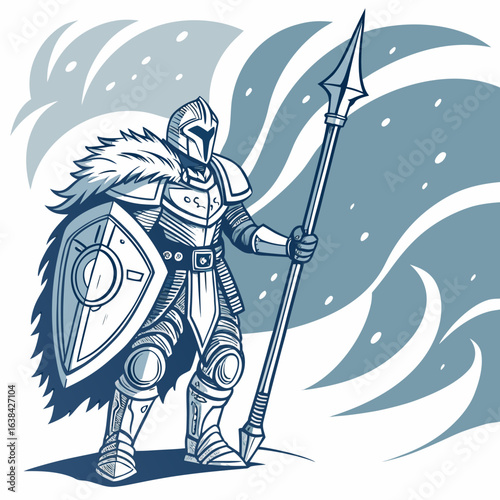 An ice guardian in shining silver and icy blue crystal armor, holdings