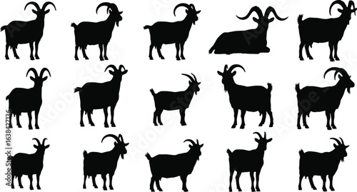 Goat silhouette vector set, black goat clipart, farm animal design, livestock illustration, goat pose collection, wildlife graphic, goat art pack