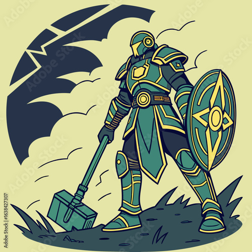 powerful guardian character in a fantasy video game, wearing ancient mystical armor with glowing accents