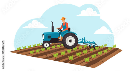 Illustrative farmer cultivates a field with a blue tractor on a sunny day
