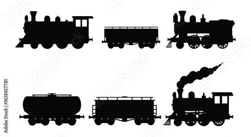 Vintage Steam Train and Railway Carriages Collection in Silhouette Style silhouette