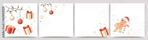  Flat vector set of Christmas and New Year illustrations with gingerbread cookie, festive gift boxes, baubles, string lights and snowflakes — holiday card collection with space for your own design 