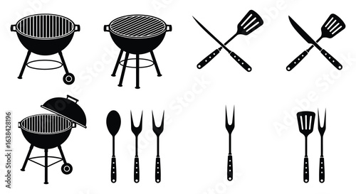 Barbecue Grill Tools and Utensils Icons Set in Silhouette Style silhouette