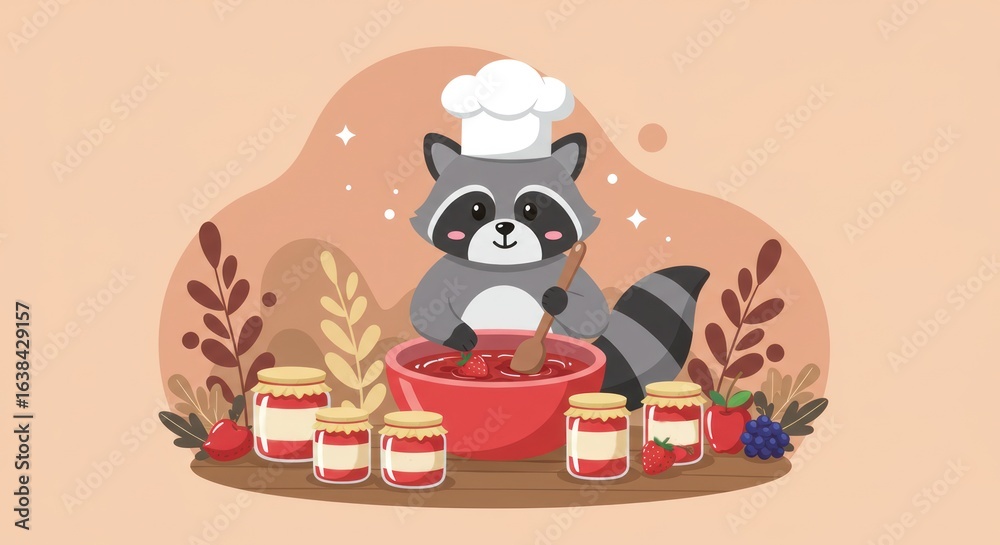 Fototapeta premium Cute raccoon chef making jam.