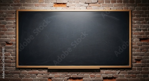 Empty chalkboard on a brick wall