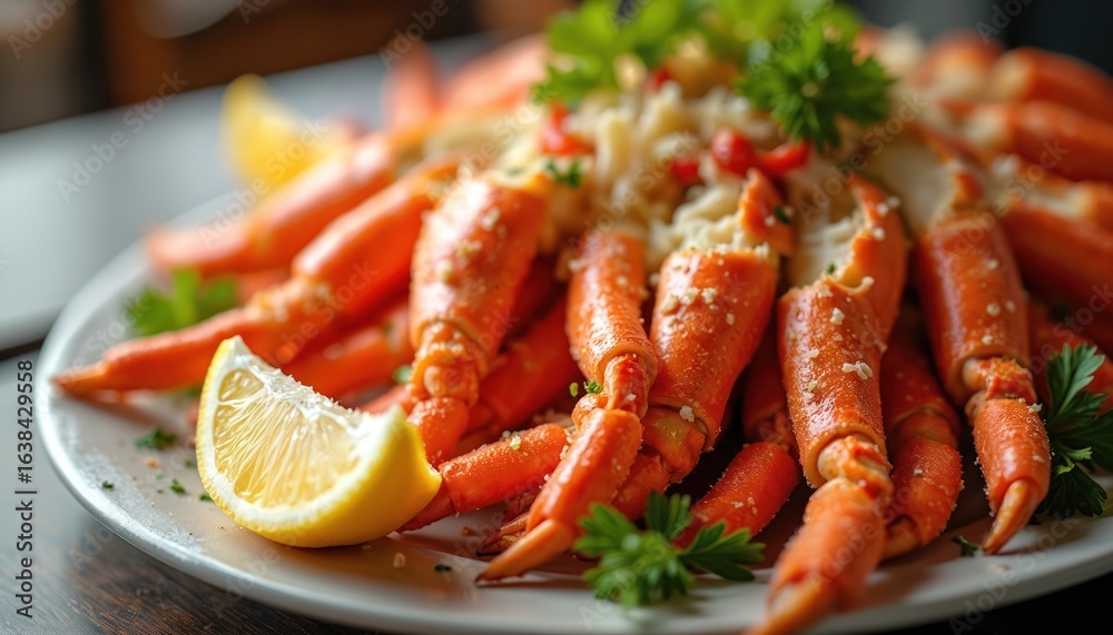 Succulent crab legs presented on white platter, garnished with fresh parsley, lemon wedges. Delicious seafood dish, cooked to perfection, offers vibrant orange, red hue. Ideal for restaurants, Succulent crab legs presented on white platter, garnished with fresh parsley, lemon wedges. Delicious seafood dish, cooked to perfection, offers vibrant orange, red hue. Ideal for restaurants,