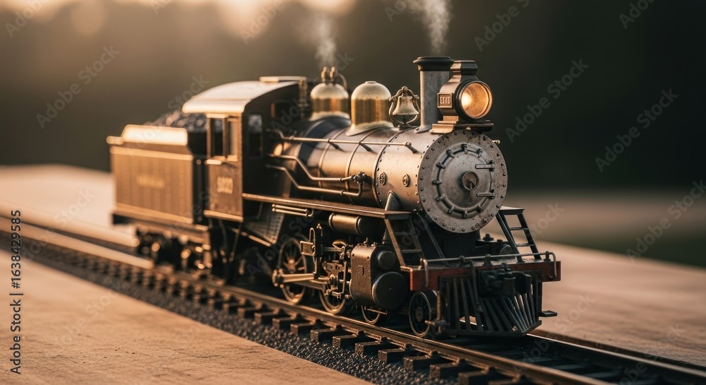 Obraz premium Detailed close-up of a vintage steam locomotive model on tracks, bathed in warm sunlight
