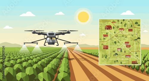 Precision farming with drone spraying fields and showing a local map display