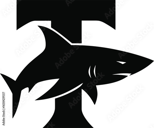 Striking Black and White Shark Illustration with Letter T Graphic Design Logo Concept Animal Predator Ocean Life and Modern Typography