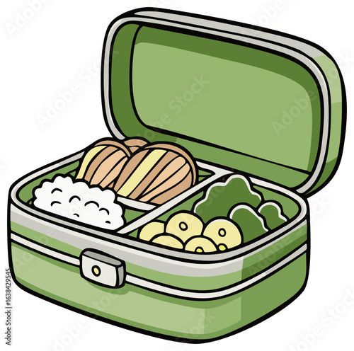 Open Green Lunchbox with Rice, Patties, Potatoes and Vegetables: Meal Prep, Healthy Food, Eating Well, Cartoon Illustration