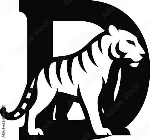 Stylized Black and White Tiger within Letter D Logo Design Illustration Graphic Icon Mascot for Sport Team or Brand Identity