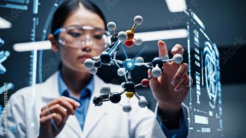 Female scientist in white lab coat is examining molecular structure with digital interface, showcasing advanced technology and innovation in a modern laboratory environment focused on research and dis
