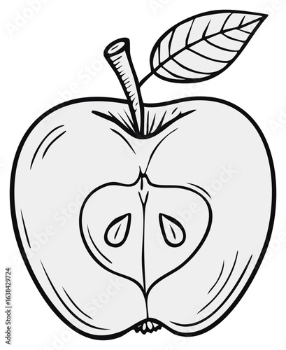 Hand drawn sketch of a halved apple revealing seeds and stem with leaf