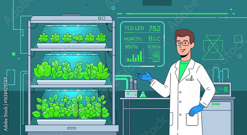 Scientist overseeing vertical farming with controlled environment agriculture system