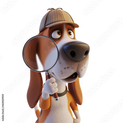 Cartoon detective dog with magnifying glass isolated on transparent background