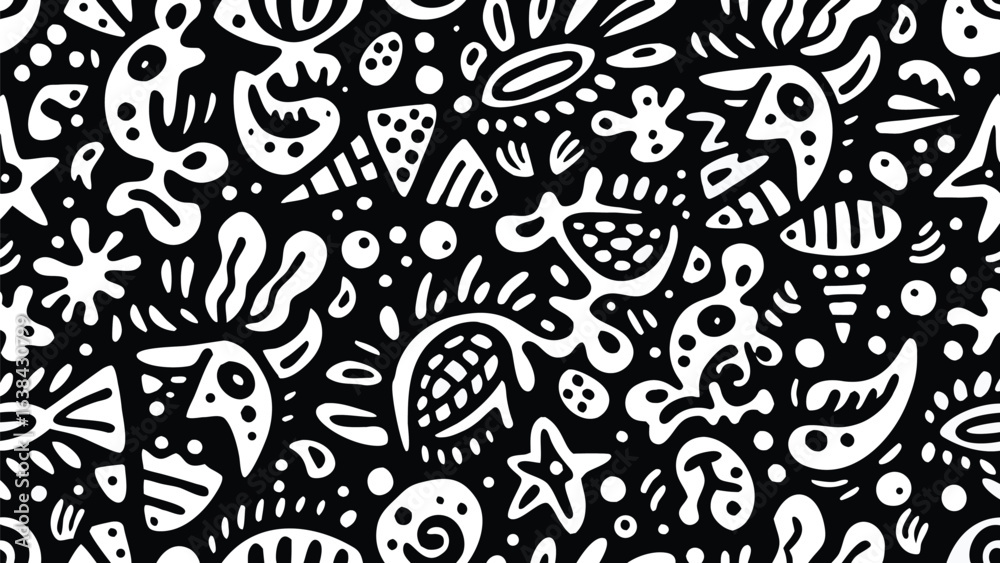 Fototapeta premium Black and white doodle pattern, seamless design, abstract background, vector illustration