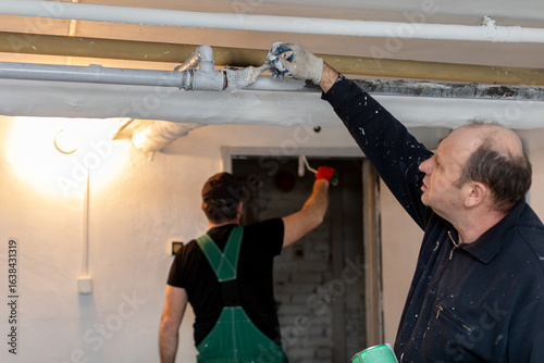 Tablou pe pânză A group of workers diligently painting a room while utilizing a ladder for highe