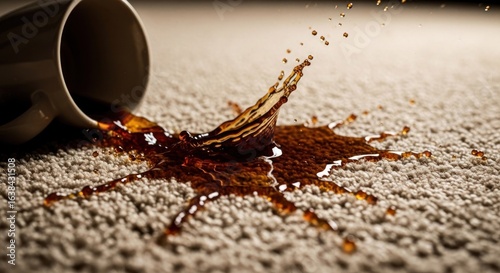 Coffee spill on beige carpet.  Splashing liquid