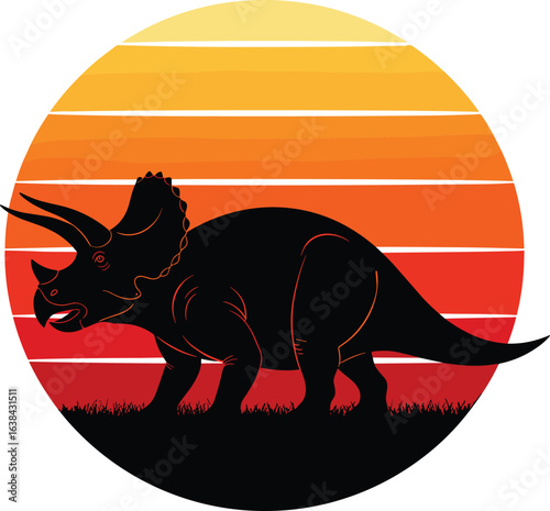 Silhouette of triceratops dinosaur with sunset background, prehistoric animal vector illustration, Jurassic period wildlife art, nature and ancient creature design