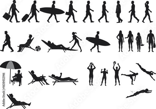Beach vacation silhouettes – people walking, surfing, relaxing, swimming, sunbathing, playing ball, travel icons, summer holiday vector illustration, men and women on vacation