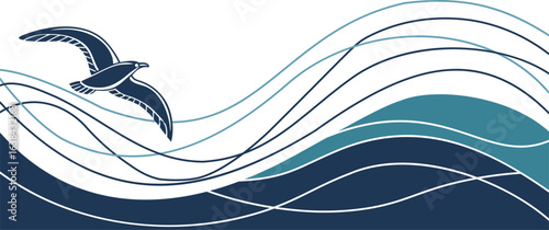 Flying Bird Over Ocean Waves Vector Illustration Adobe Illustrator Artwork