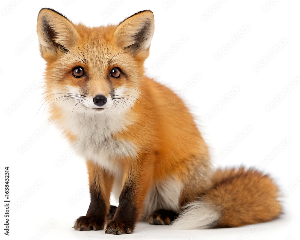 Obraz premium A red fox sitting upright with a fluffy tail and dark paws against a plain white studio background