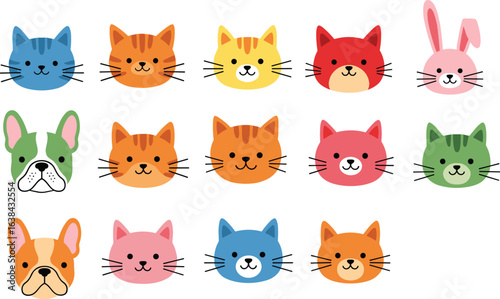 Cute cartoon cat and dog faces, colorful kitten heads, bunny illustration, pet animal icons, playful pet faces, adorable domestic pets, isolated vector.