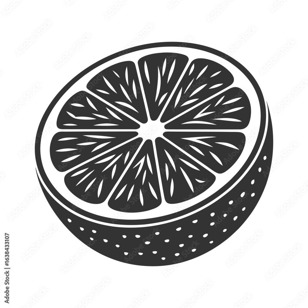 Monochrome vector illustration of a citrus fruit half. Vintage engraved style icon of a fresh orange slice for logo design. Monochrome vector illustration of a citrus fruit half. Vintage engraved style icon of a fresh orange slice for logo design.