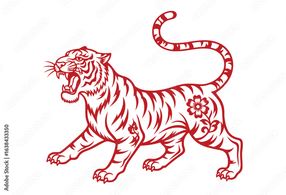 Obraz premium Chinese Paper Cut Tiger Vector – Traditional Red Tiger Illustration