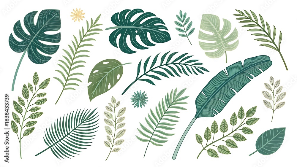 Assorted fresh green tropical leaves display presents botanical variety against a white background Assorted fresh green tropical leaves display presents botanical variety against a white background