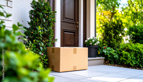 A box from a delivery service on the doorstep of a private house, no people, industrial background
