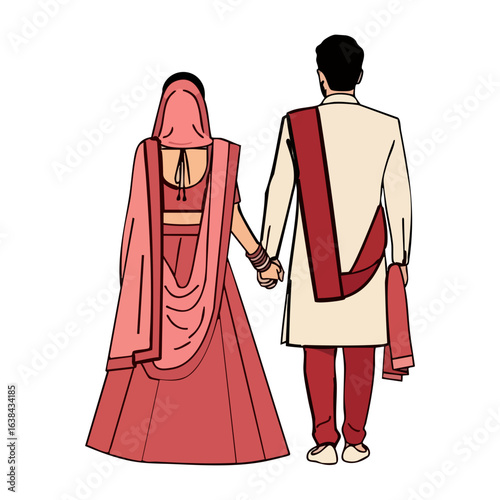 Minimal Hindu Wedding Couple Walking Away Back View Vector Illustration