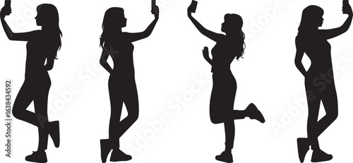 Silhouette of women taking selfies with smartphones vector illustration art