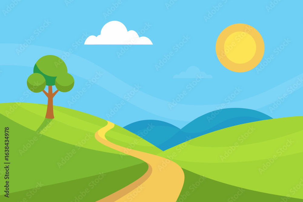 Obraz premium Vector landscape of a green summer meadow with hills and trees under a clear sky with a vibrant rainbow