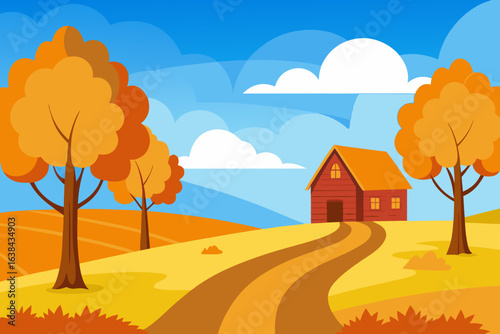 An autumnal landscape with vibrant orange trees and rolling hills under a beautiful sky at sunset