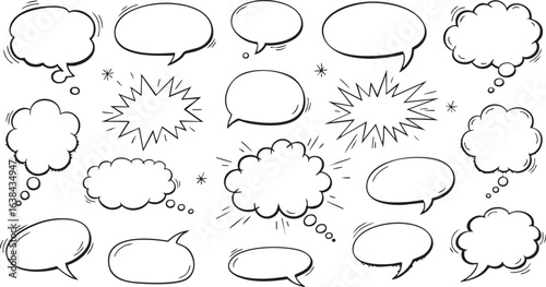 Collection of hand drawn speech bubbles and comic book explosion elements