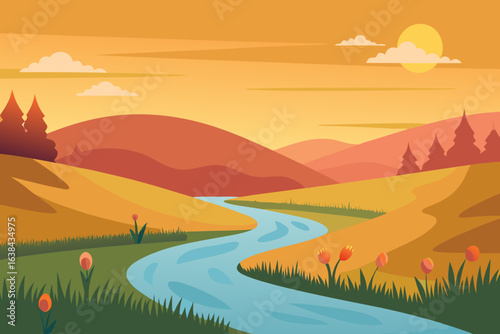 An autumnal mountain landscape with golden trees and green grass under a vibrant sky with clouds
