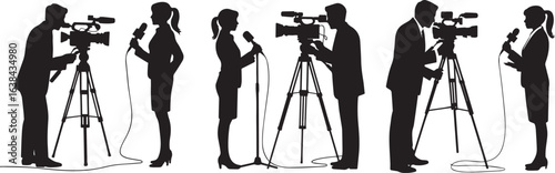 News crew silhouette vector illustration of reporters and cameramen filming news