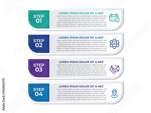 Concept of arrow business model with 4 successive steps. Six colorful graphic elements. Timeline design for brochure, presentation. Infographic design layout