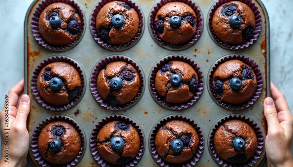 Fototapeta premium Freshly baked blueberry muffins presented in rustic muffin tin. Delightful treats feature lightly browned tops, purple parchment paper wrappers, whole blueberries on top. Flat lay composition