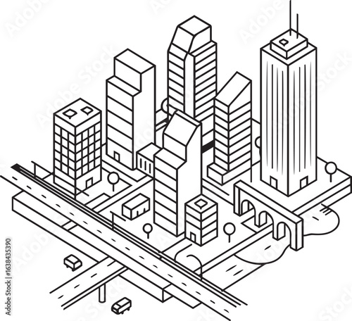 Isometric Cityscape with Modern Buildings, Roads Black and White 